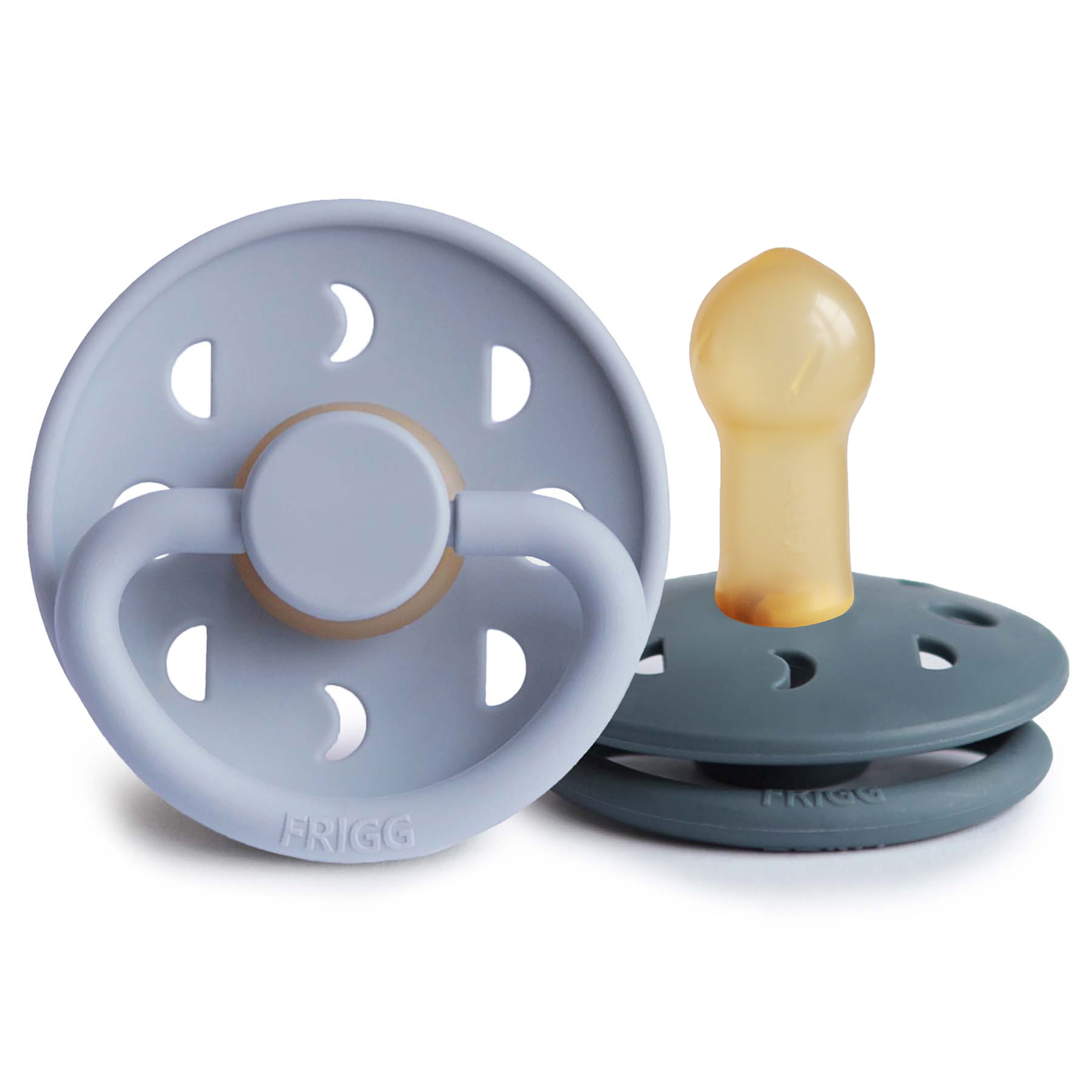 FRIGG Moon Natural Rubber Baby Pacifier 2-Pack, 6-18 Months, Powder Blue/Slate