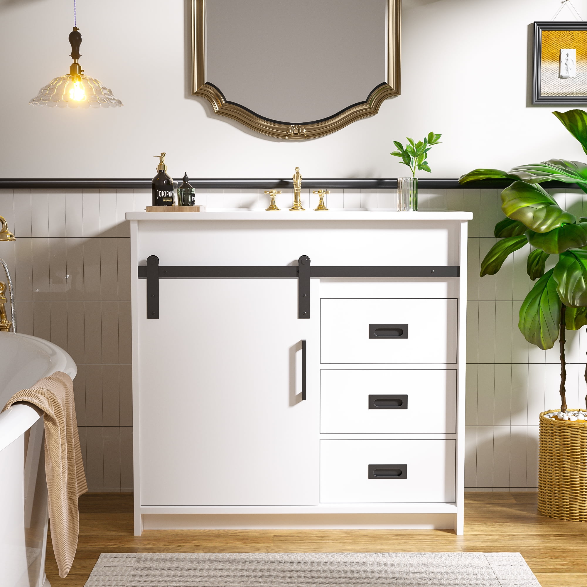 Zidtia 36" Bathroom Vanity Set with Sink, Storage Cabinet with Drawers & Sliding Door, Features Metal Handles, Easy Assembly, White