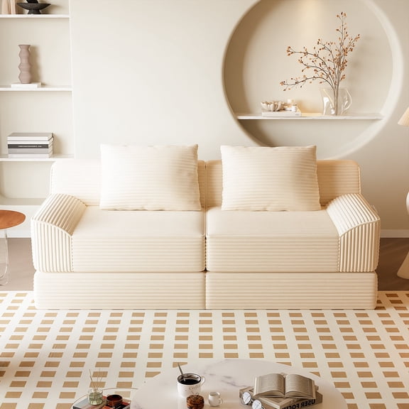 Zidtia 8-in-1 Modular Sleeper Sofa, 78" Beige Love Seat with Fold Out Bed & Deep Seating, Includes 2 Pillows,Beige