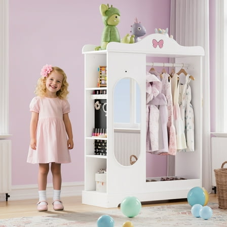 Zidtia Kids Armoire with Mirror for Girls, Jewelry Cabinet & Dress-Up Center, Children's Wardrobe with Shelves, Clothing Toy Storage Organizer, Princess Closet for Bedroom,White
