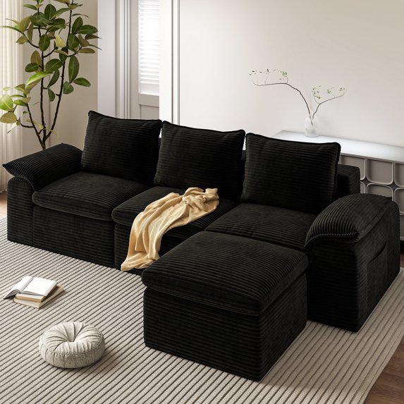 Zidtia L-Shaped Cloud Couch Sectional Sofa, 104" Convertible Modular Deep Seat with Double-Layer Cushion & Headrest - Black, for Living Room