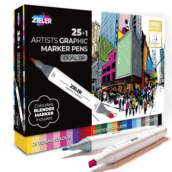 Zieler 25 Artists Graphic Marker Pens + 1 Blending Marker, Dual Tip