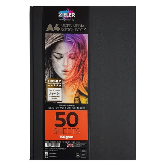 Zieler A4 Bound Hardback Mixed Media Sketchbook (Portrait), 150gsm, 50 sheets