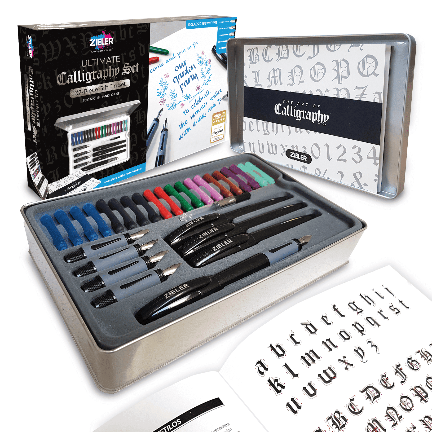 Zieler® Ultimate Calligraphy Pen Gift Set (32 pieces), Presented in a Tin Gift Box