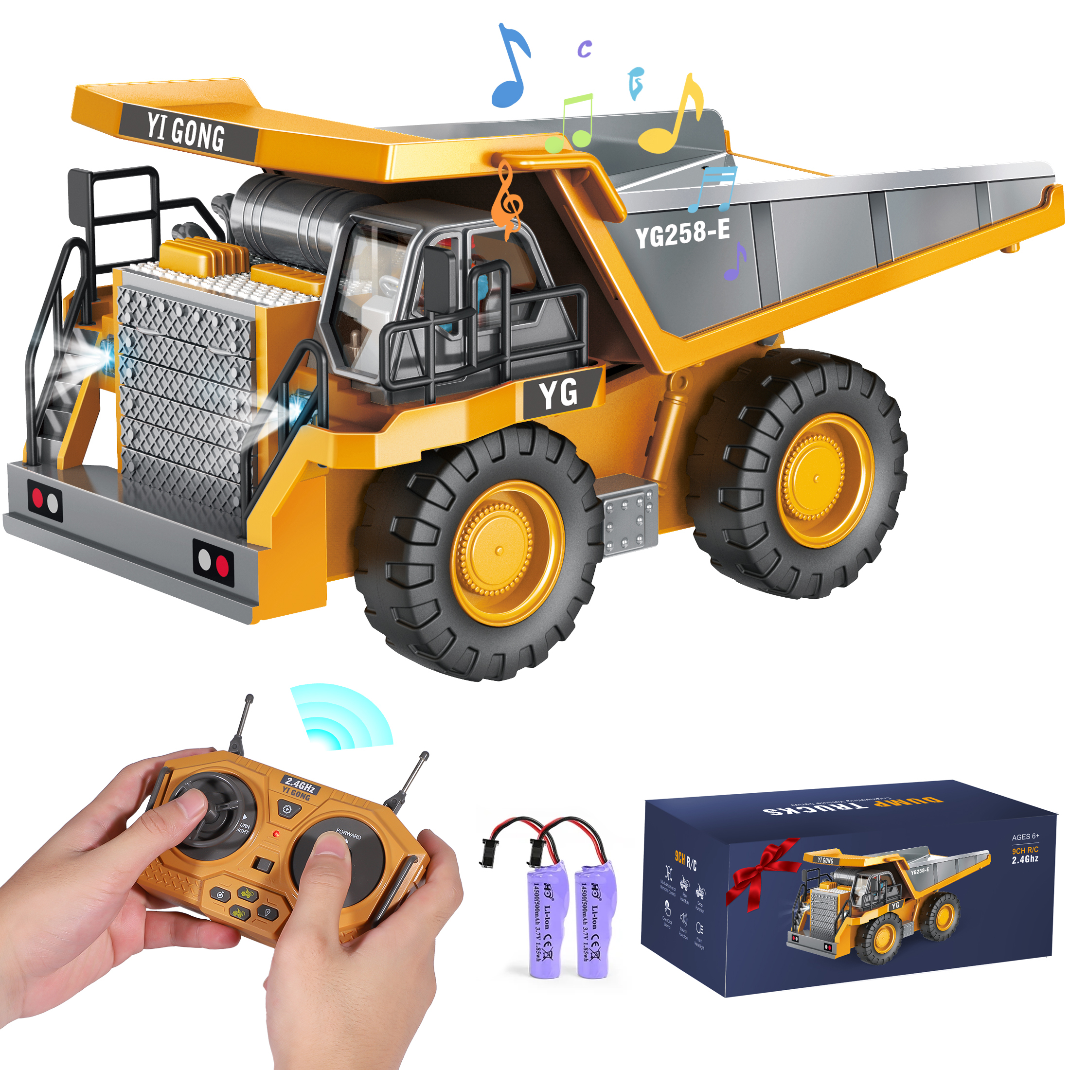 Zifadola RC Dump Truck Toy for Kids, Remote Control Construction Toys Vehicle with Metal Bed and Light/Music, Birthday Gifts for Boys Girls Age 3+ Year Old