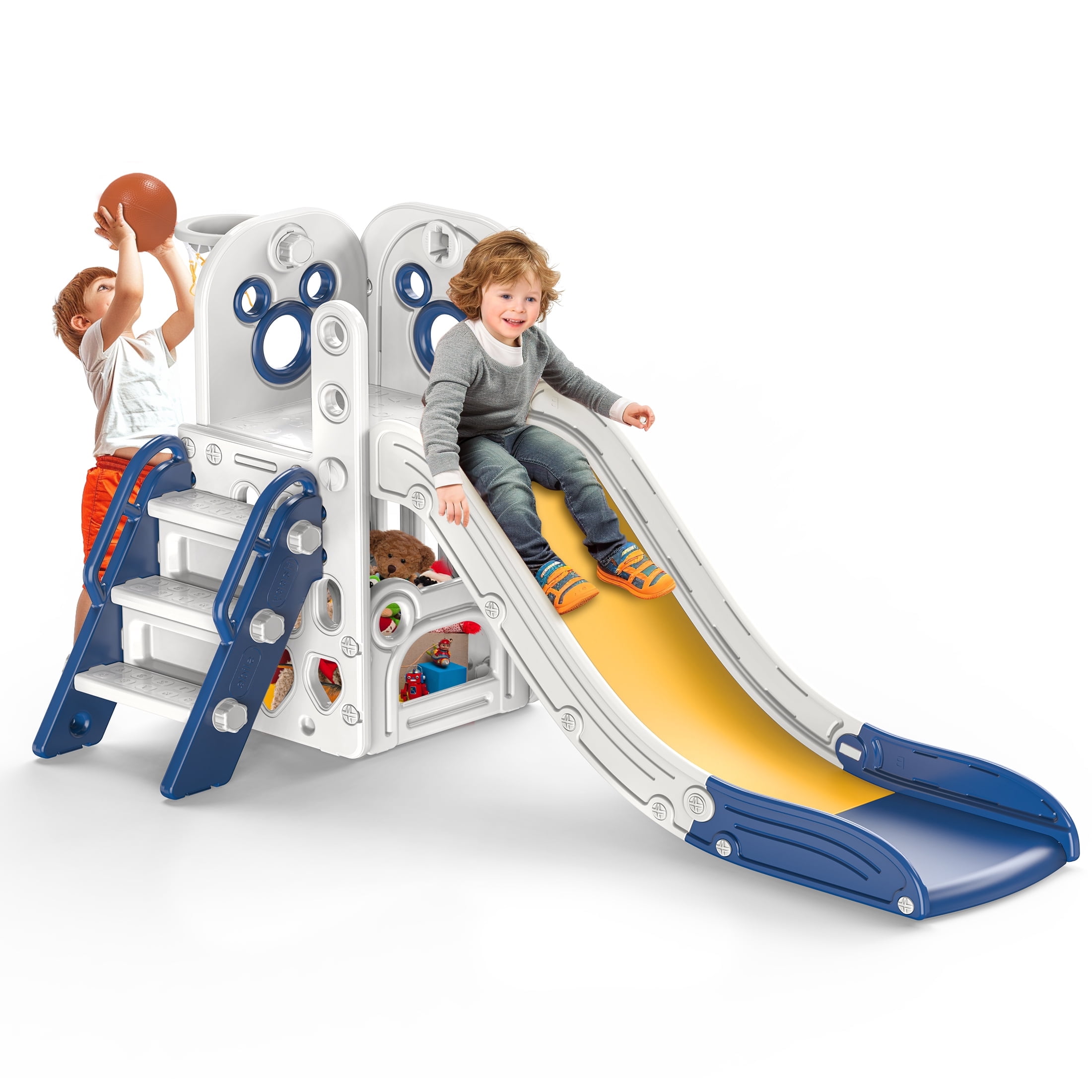 Zifadola Sturdy Kids Slide, 4 in 1 Toddler Slide and Climber Playset with Basketball Hoop, Blue