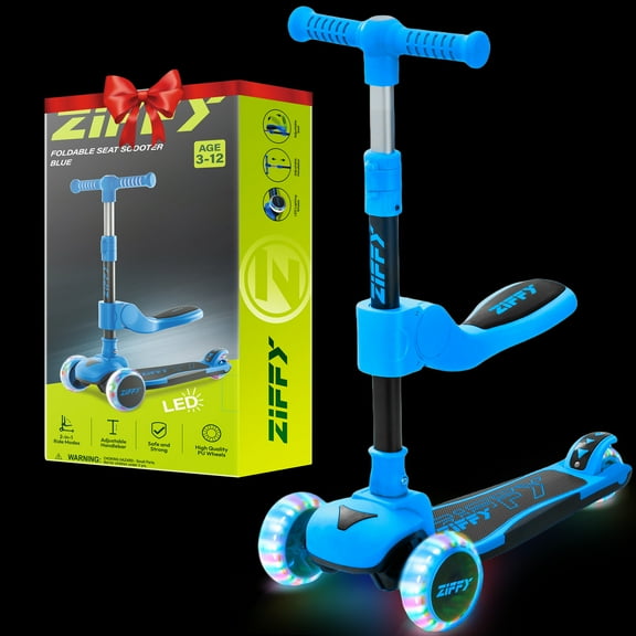 ZIFFY 2-in-1 Toddler Scooter with Seat, 3 Wheel LED Lights Kids Scooter,Adjustable Height Handlebars and Foldable Seat, Anti-Slip Wide Deck Ride with 20 Dynamic LED Lights ,Gift for Boys and Girls, B