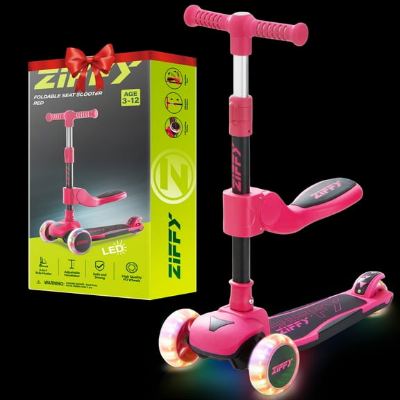 ZIFFY 2-in-1 Toddler Scooter with Seat, 3 Wheel LED Lights Kids Scooter,Adjustable Height Handlebars and Foldable Seat, Anti-Slip Wide Deck Ride with 20 Dynamic LED Lights ,Gift for Boys and Girls, R