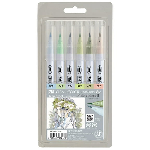 Zig Clean Color Real Brush Markers 6 Colors Set Pale Colors 