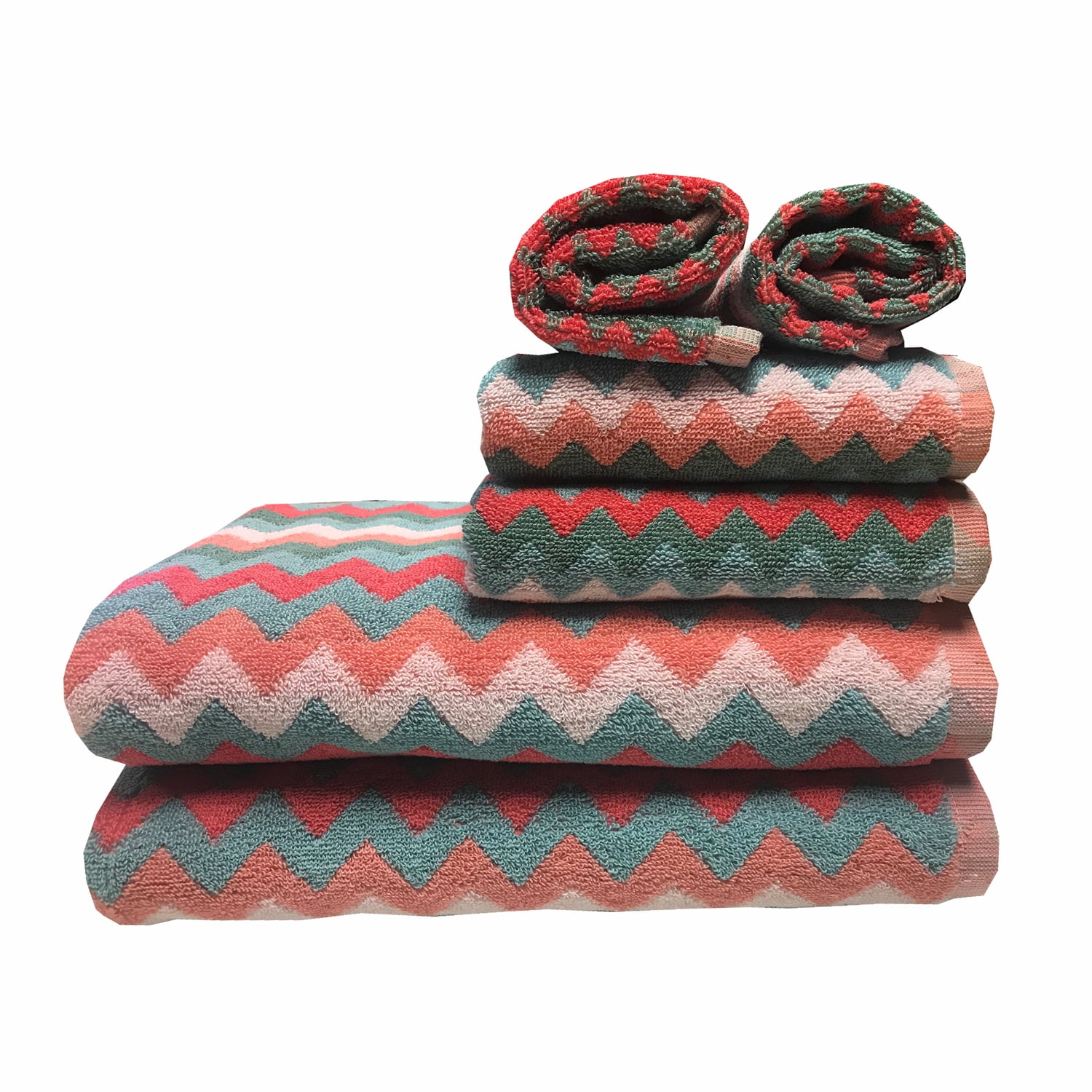 Zig Zag 6-Piece 100% Cotton Bath Towel Set, Coral