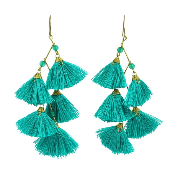 Zig Zag Chandelier Green Tassels Stone and Brass Drop Earrings