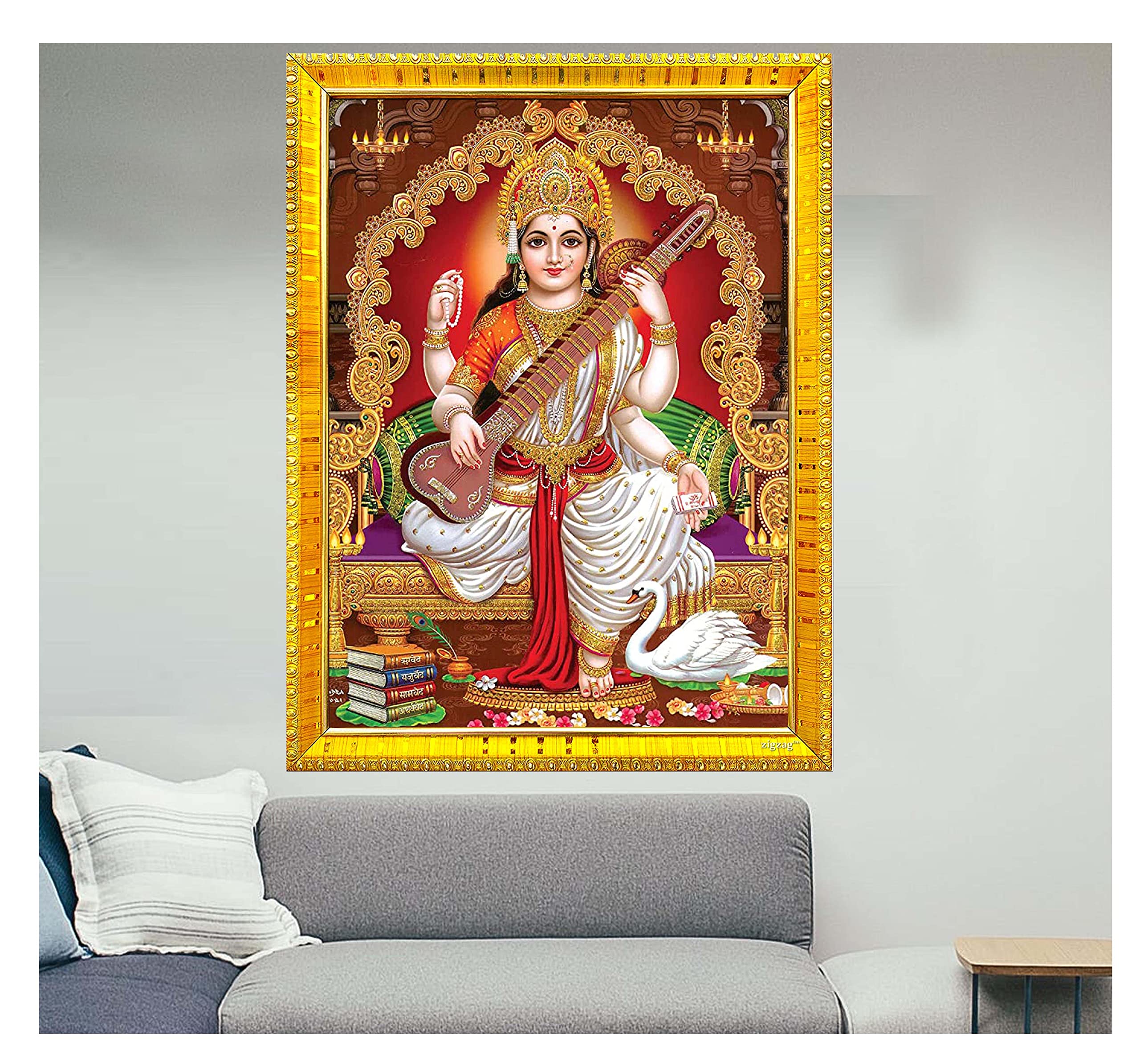 Zig Zag Goddess Saraswati Devi Maa Big Photo Frame For Wall/Table/Pooja