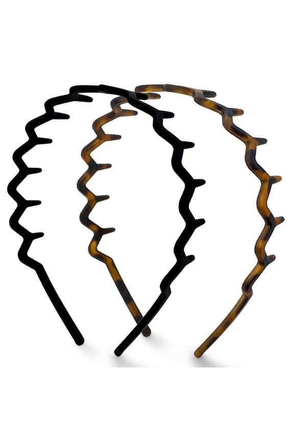Zig Zag Headbands, Non-Slip Design, Wave Pattern, Black & Tortoise, 2-Pack