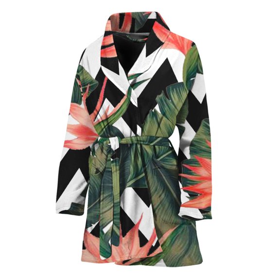 Zig Zag Tropical Pattern Women Bathrobe One Size Univeral Fits, Zigzag Zigzag Fashion Lightweight Plush Fleece Long Robe For Women