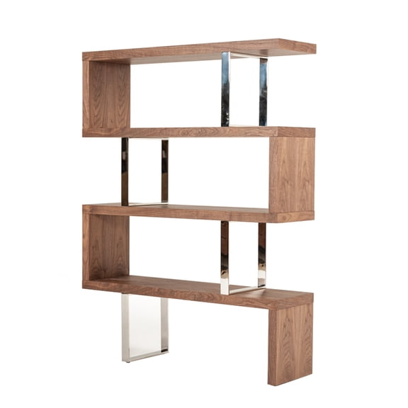 Zig Zag Wooden Frame Shelf Unit with Metal Braces Support, Brown and Silver- Saltoro Sherpi
