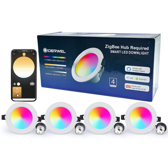 4 Pack Smart ZigBee 3.0 Recessed Lighting 4 inch, E26 LED Downlight Work with Alexa & Google Assistant, Hub APP/Voice Control RGBCW 3000K~6000K Color Changing, Brightness 1%~100%