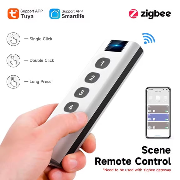 ZigBee Scene Remote Control 4 Button Wireless Smart Home Switch Single Double Long Press App Control Mini Portable Wall Mount Magnetic for Light Automation Gateway (Single remote control)