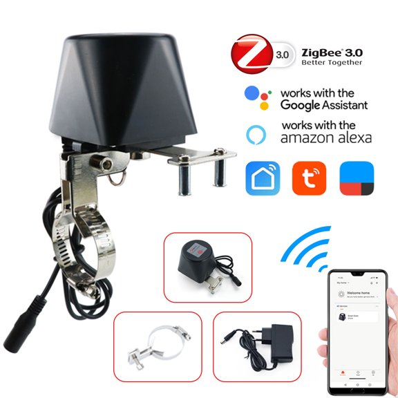 ZigBee Smart Water Gas Valve Controller Motorized Ball Valve Actuator APP Remote Timer Countdown Voice Control Scene Linkage Fits Multiple Pipes Home Automation Shutoff