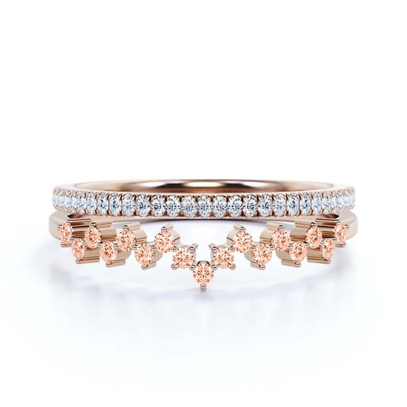 ZigZag Design 0.65 Carat Morganite And Diamond Moissanite Engagement Ring Wedding Band in 925 Sterling Silver With 18k Rose Gold Plating, Stackable Ring, Promise Ring,Bridal Set, Matching Band