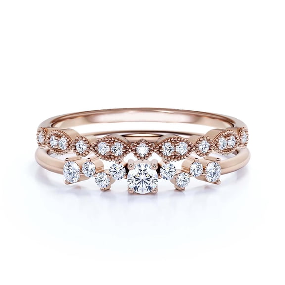 ZigZag Style 1.10 Carat Round Cut Diamond Moissanite Unique Style Engagement Ring, Dainty Ring, Slim Ring, Wedding Ring in 925 Sterling Silver With 18k Rose Gold Plating, Bridal Set, Matching Band