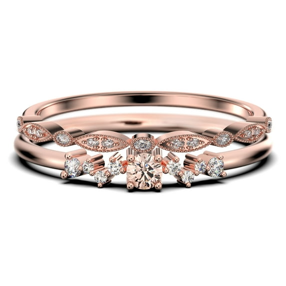 ZigZag Style 1.10 Carat Round Cut Morganite And Diamond Moissanite Unique Style Engagement Ring, Slim Ring, Wedding Ring in 10k Solid Rose Gold, Gift For Her, Promise Ring, Bridal Set, Matching Band