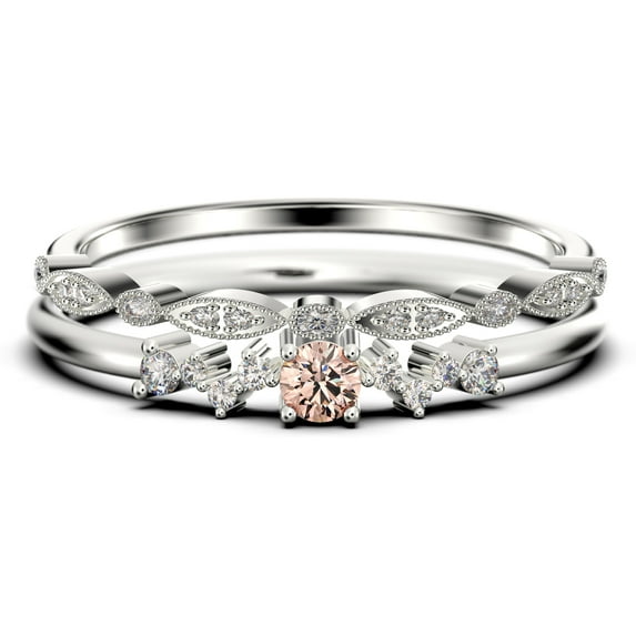 ZigZag Style 1.10 Carat Round Cut Morganite And Diamond Moissanite Unique Style Engagement Ring, Slim Ring, Wedding Ring in 10k Solid White Gold, Gift For Her, Promise Ring, Bridal Set, Matching Band