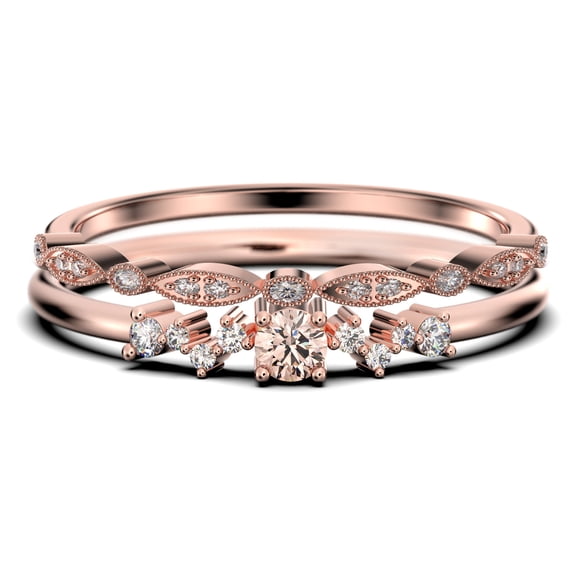 ZigZag Style 1.10 Carat Round Cut Morganite And Diamond Moissanite Unique Style Engagement Ring, Slim Ring, Wedding Ring in 925 Sterling Silver With 18k Rose Gold Plating, Bridal Set, Matching Band