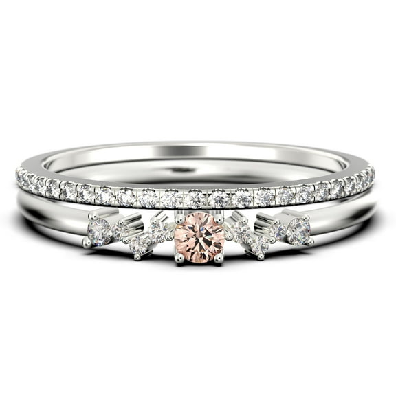 ZigZag Style 1.10 Carat Round Cut Morganite And Diamond Moissanite Unique Style Engagement Ring, Slim Ring, Wedding Ring in 925 Sterling Silver With 18k White Gold Plating, Bridal Set, Matching Band