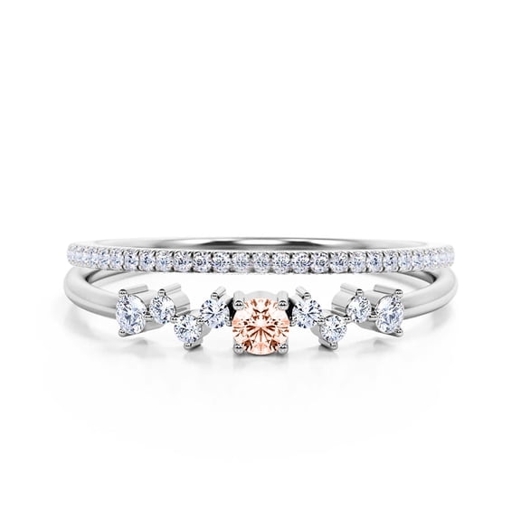 ZigZag Style 1.10 Carat Round Cut Morganite And Diamond Moissanite Unique Style Engagement Ring, Slim Ring, Wedding Ring in 925 Sterling Silver With 18k White Gold Plating, Bridal Set, Matching Band