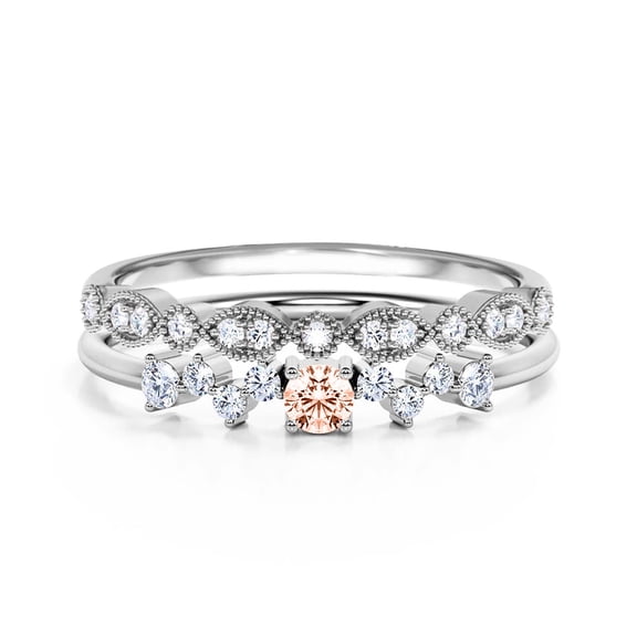 Bridal 1.10 Carat Round Cut Morganite & Moissanite Bridal Set in 925 Sterling Silver with 18k White Gold Plating