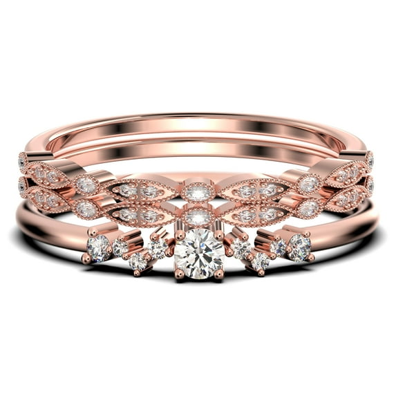 ZigZag Style 1.60 Carat Round Cut Diamond Moissanite Unique Style Engagement Ring, Slim Ring, Wedding Ring in 925 Sterling Silver With 18k Rose Gold Plating, Trio Set, Matching Band