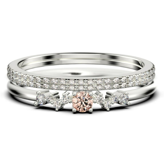 ZigZag Style 1.60 Carat Round Cut Morganite And Diamond Moissanite Unique Style Engagement Ring, Slim Ring, Wedding Ring in 10k Solid White Gold, Gift For Her, Promise Ring, Trio Set, Matching Band