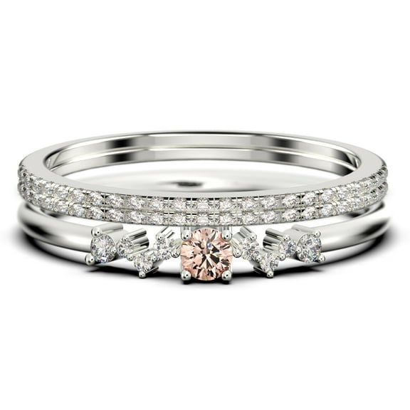 ZigZag Style 1.60 Carat Round Cut Morganite And Diamond Moissanite Unique Style Engagement Ring, Slim Ring, Wedding Ring in 925 Sterling Silver With 18k White Gold Plating, Trio Set, Matching Band