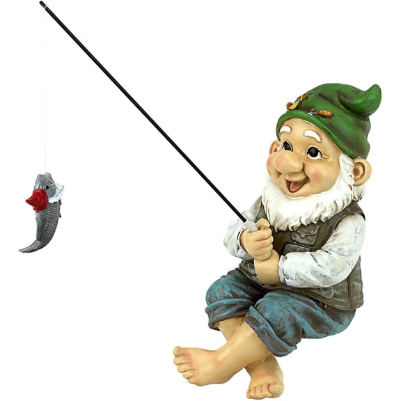Ziggy with Fishing Pole Garden Gnome Indoor/Outdoor Shelf Sitter Statue, 9 Inch Tall, Cast Stone Resin, Full Color Finish
