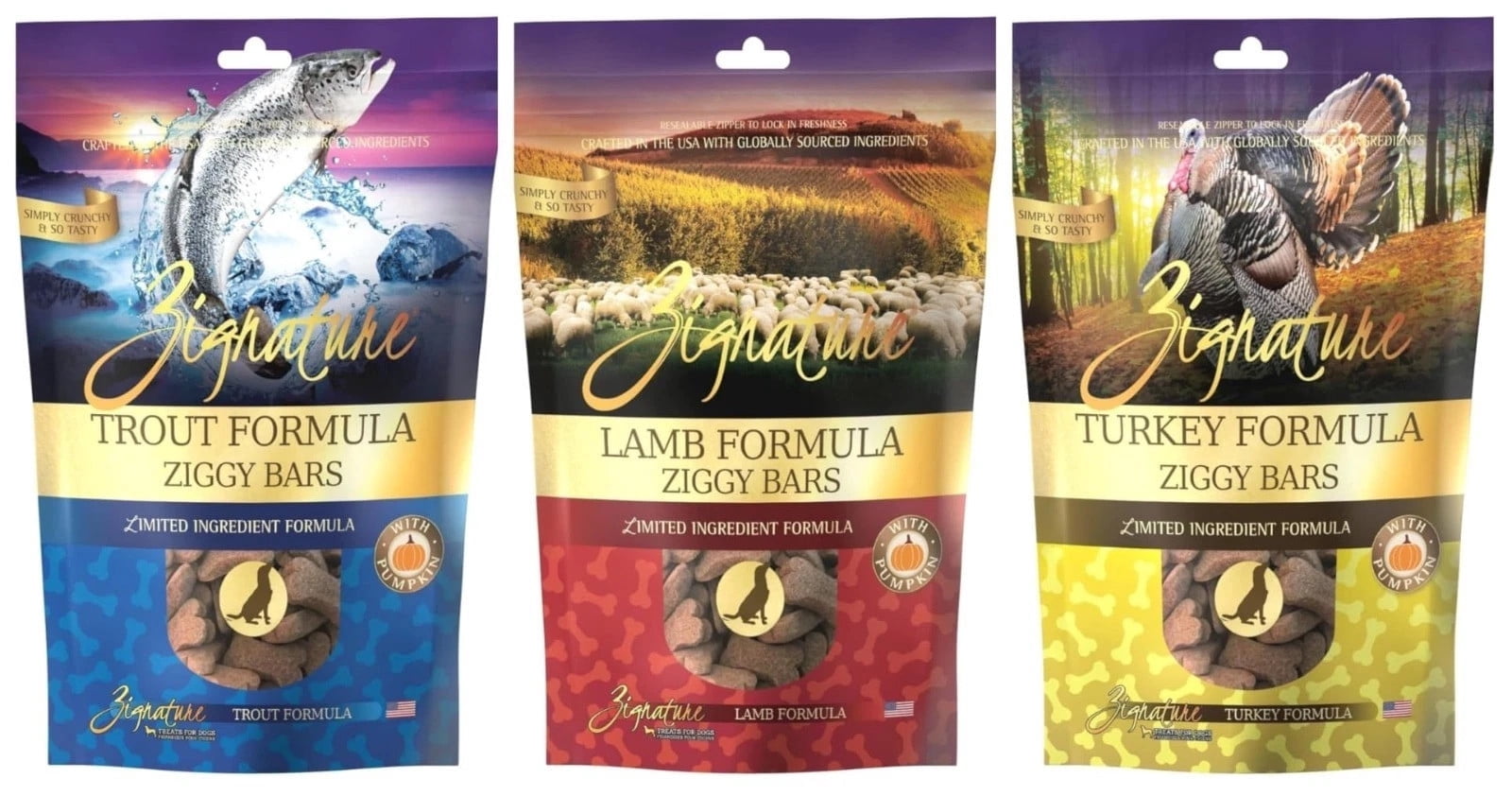 Zignature Limited Ingredient Ziggy Bar Dog Biscuits: 1 Turkey, 1 Lamb & 1 Trout