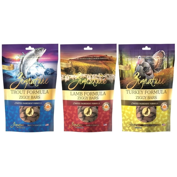 Zignature Limited Ingredient Ziggy Bar Dog Biscuits: 1 Turkey, 1 Lamb & 1 Trout