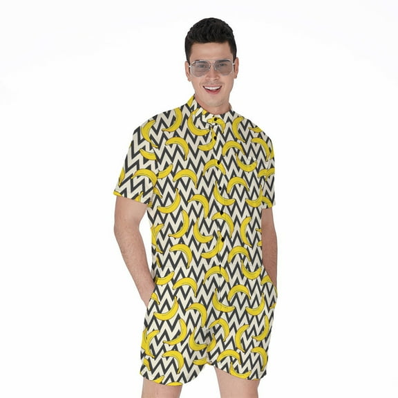 Zigzag Banana Pattern Short Sleeve Men'S Rompers, Banana Fruits Casual Summer Jumpsuits Outfit