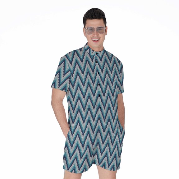Zigzag Knitted Pattern Short Sleeve Men'S Rompers, Zigzag Zigzag Casual Summer Jumpsuits Outfit