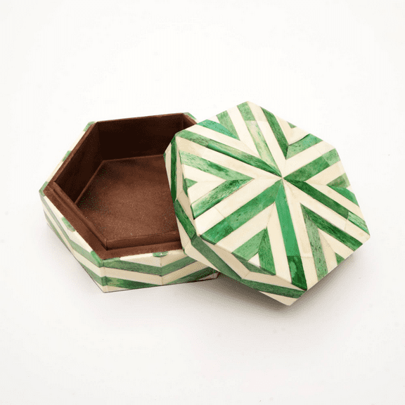 Zigzag Pattern Hexagon Bone & MDF Box Modern Decorative Storage Solution-6.5X6.5X3" On-Site
