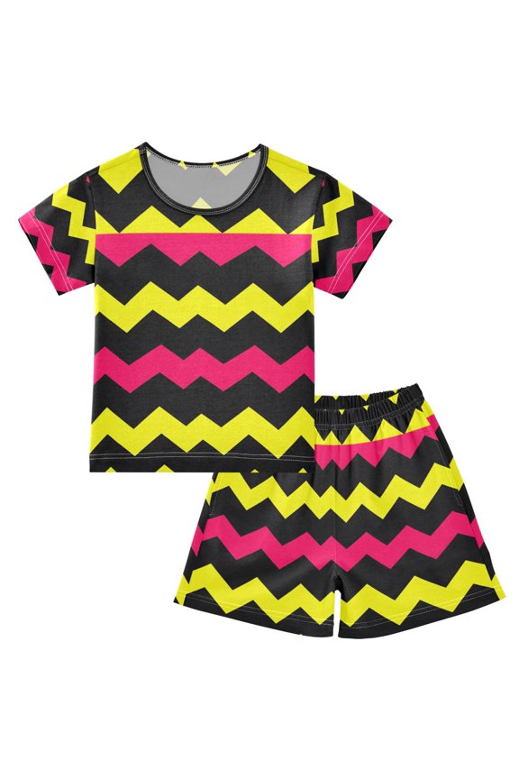 Zigzag Pattern Summer Pajama Set Soft Cotton Short Sleeve Sleepwear 2PCS Pajama Sets Breathable Lounge Set Size 8Y