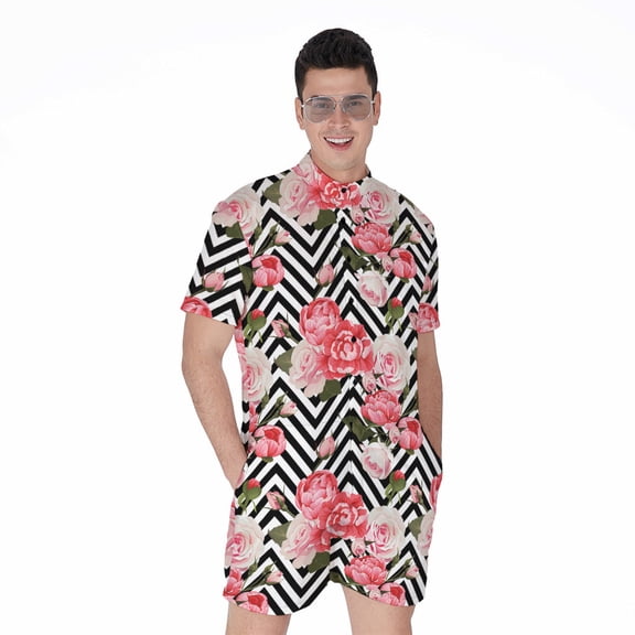 Zigzag Peony And Rose Pattern Short Sleeve Men'S Rompers, Zigzag Zigzag Casual Summer Jumpsuits Outfit