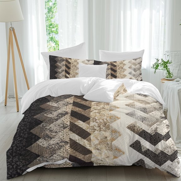 Zigzag Weave Full Duvet Cover Set, Abstract Rustic Black Charcoal Beige Rugged Retro 4 Piece Microfiber Bedding Set with Zipper Closure, Bed Sheet and 2 Pillow Shams, Soft Bedding Cover