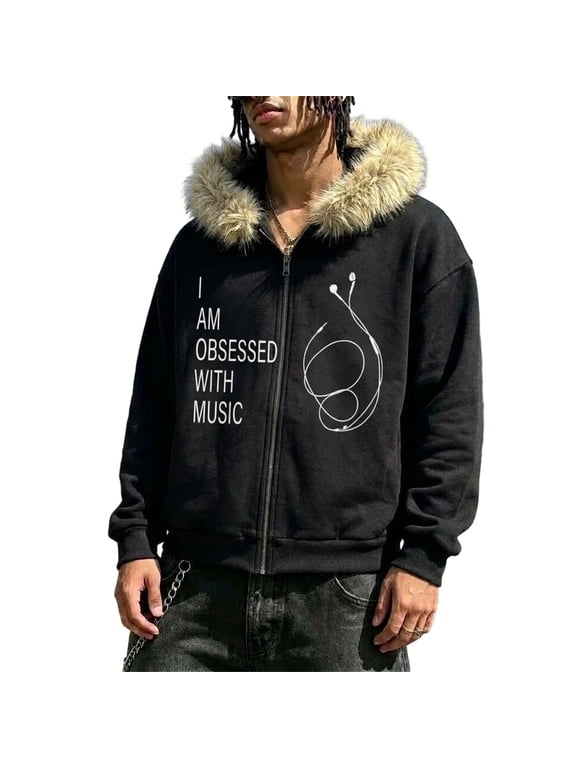 Men Zip Up Hooded Jacket with Faux Fur Hood Music Graphic Print Oversized Streetwear Coat for Autumn Winter Daily Wear
