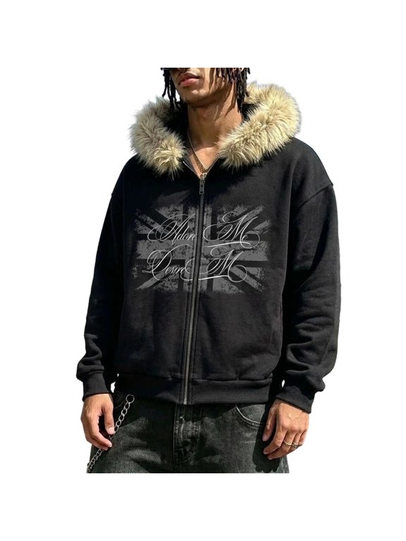 Men Zip Up Hooded Jacket with Faux Fur Hood Union Jack Cursive Graphic Print Oversized Streetwear Coat for Autumn Winter Daily Wear