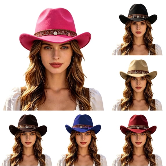 Zijinkuiwen Unisex Cowboy Hat with Woven Ethnic Band and Multi‑Medallion Coin Ornament for Western Themed Party Cosplay Country Music Festival Gathering,Hot Pink,One Size