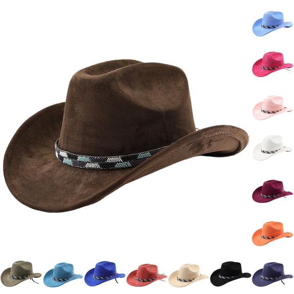 Zijinkuiwen Unisex Suede Cowboy Hat with Beaded Woven Band Decor Wide Brim for Western Themed Party Cosplay Country Music Festival Gathering,Coffee,One Size