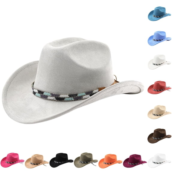 Zijinkuiwen Unisex Suede Cowboy Hat with Beaded Woven Band Decor Wide Brim for Western Themed Party Cosplay Country Music Festival Gathering,Grey,One Size