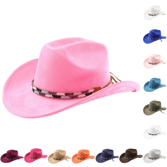 Zijinkuiwen Unisex Suede Cowboy Hat with Beaded Woven Band Decor Wide Brim for Western Themed Party Cosplay Country Music Festival Gathering,Light Pink,One Size