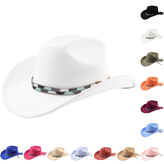 Zijinkuiwen Unisex Suede Cowboy Hat with Beaded Woven Band Decor Wide Brim for Western Themed Party Cosplay Country Music Festival Gathering,White,One Size