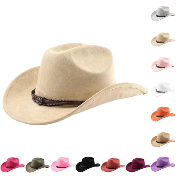 Zijinkuiwen Unisex Suede Cowboy Hat with Braided Leather Rope Ornament Band Wide Brim for Western Themed Party Cosplay Country Music Festival Gathering,Khaki,One Size